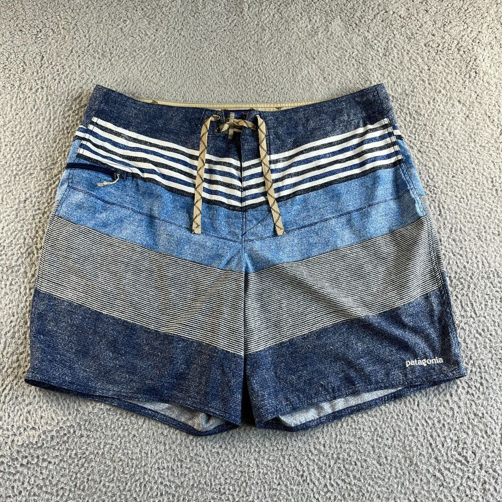 NEW Patagonia Board Shorts Mens Blue 38 Striped Swim Trunks Hybrid Outdoor Beach